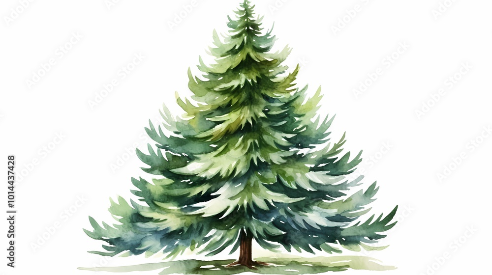 Fototapeta premium Serene watercolor illustration of evergreen trees in a misty forest setting.