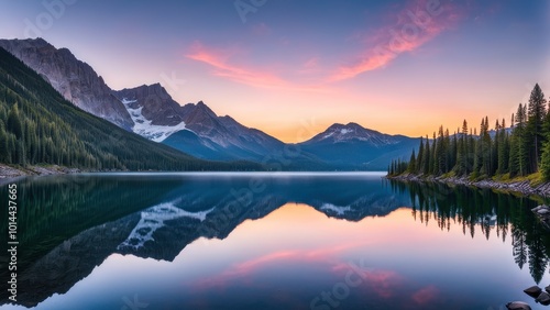 Serene lake reflecting mountains and colorful sky at sunset.