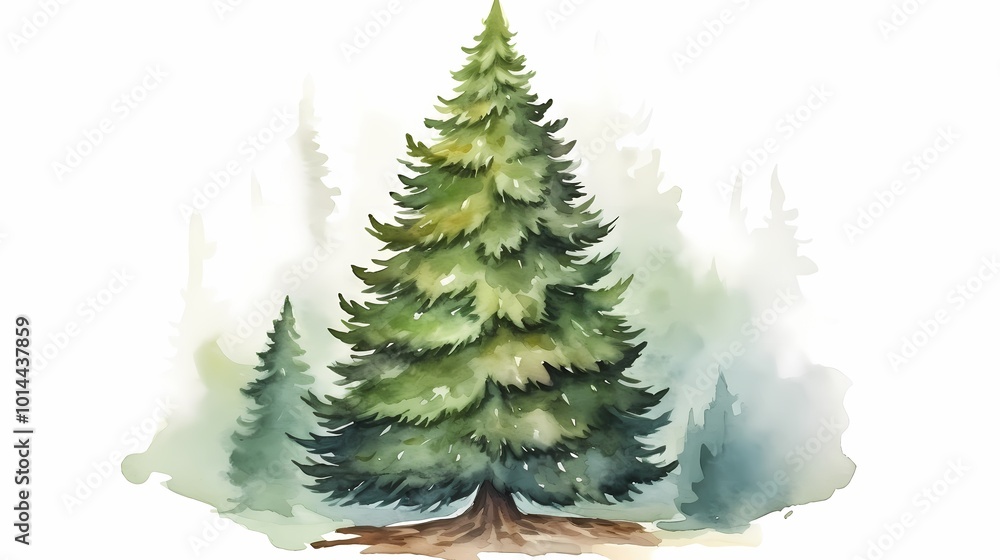 Fototapeta premium Serene watercolor illustration of evergreen trees in a misty forest setting.