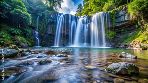 Base of waterfall with flowing water photo