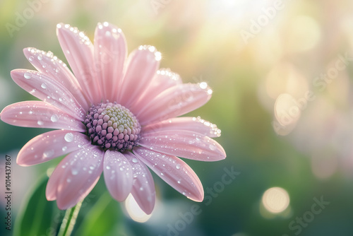 Soft-focus artistic photo of a pink daisy in morning dew, capturing romantic elegance with sunlight and bokeh in a dreamy scene