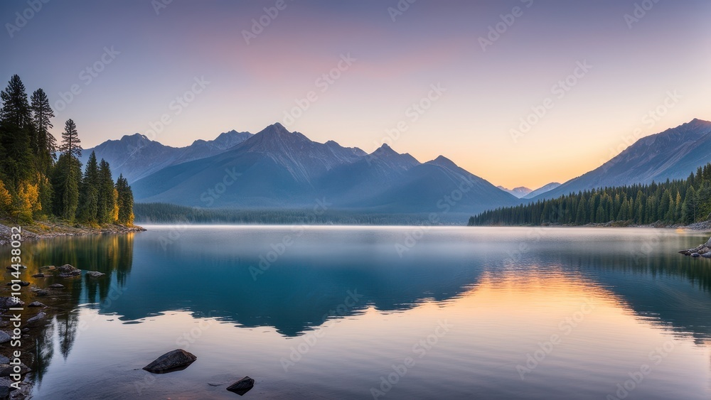 Serene lake reflecting mountains at sunrise, surrounded by lush forests. Serene lake reflecting mountains at sunrise, surrounded by lush forests.
