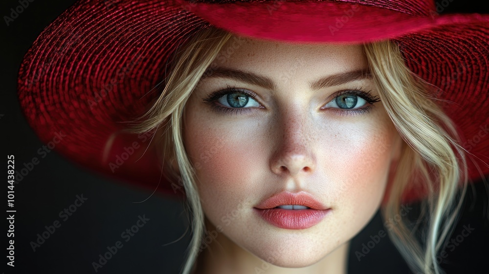 A close-up portrait of a woman wearing a red hat, showcasing beauty. A close-up portrait of a woman wearing a red hat, showcasing beauty.