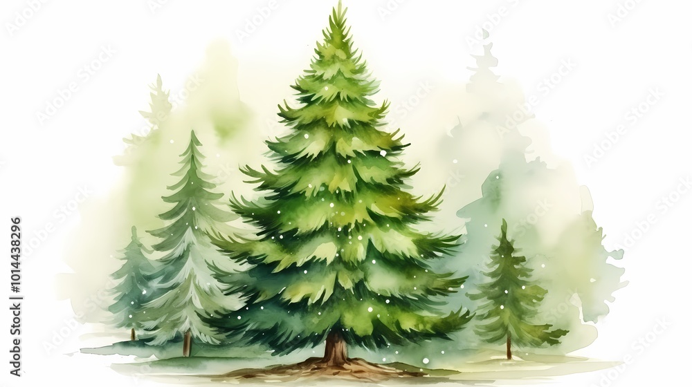 Obraz premium Serene watercolor illustration of evergreen trees in a misty forest setting.
