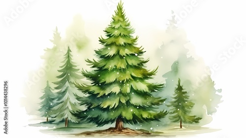 Serene watercolor illustration of evergreen trees in a misty forest setting.