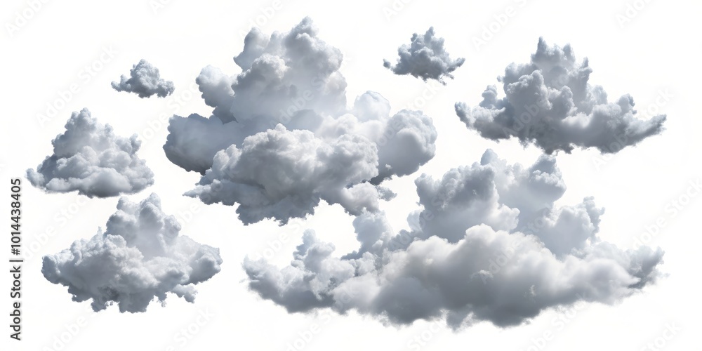 Rendered abstract clouds in varying forms and angles, set against a white background, perfect for design and artistic Rendered abstract clouds in varying forms and angles, set against a white background, perfect for design and artistic
