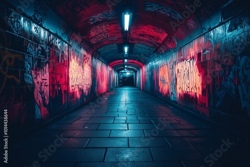 An urban tunnel in the city adorned with graffiti, features a dark corridor illuminated by light