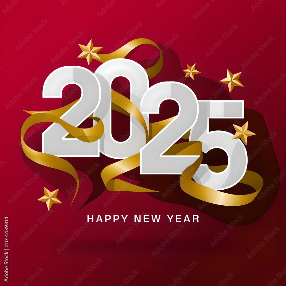 A stylized 2025 text with golden ribbon and stars on a red background, A stylized 2025 text with golden ribbon and stars on a red background,