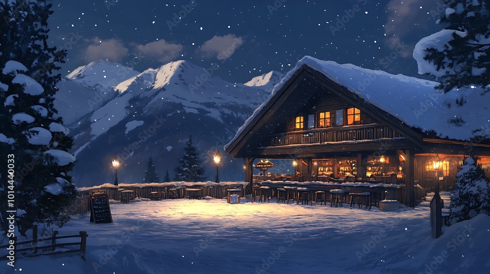 Cozy Cabin in the Snowy Mountains at Night. Cozy Cabin in the Snowy Mountains at Night.