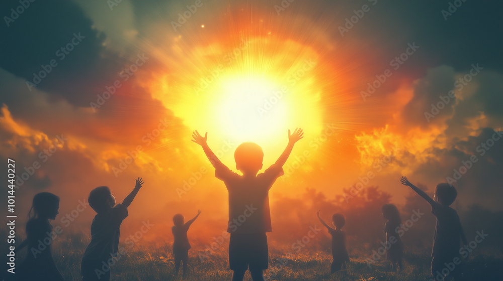 An artistic, glowing sunrise over a silhouette of children reaching towards the light. v2 An artistic, glowing sunrise over a silhouette of children reaching towards the light. v2