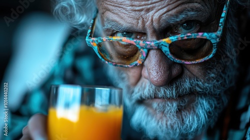 A close-up of an elderly man with colorful glasses, holding a vibrant orange drink, showing deep emotion and contemplation in his expression. photo