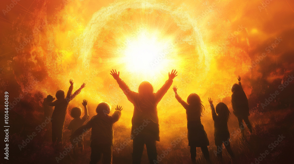 An artistic, glowing sunrise over a silhouette of children reaching towards the light. An artistic, glowing sunrise over a silhouette of children reaching towards the light.