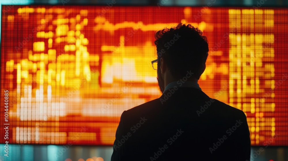 A financial analyst reviewing stock market trends on a large digital screen, showcasing the excitement and challenges of investment in finance A financial analyst reviewing stock market trends on a large digital screen, showcasing the excitement and challenges of investment in finance