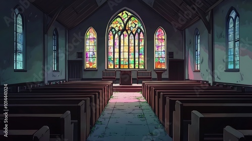 Empty Church Interior with Stained Glass Windows.