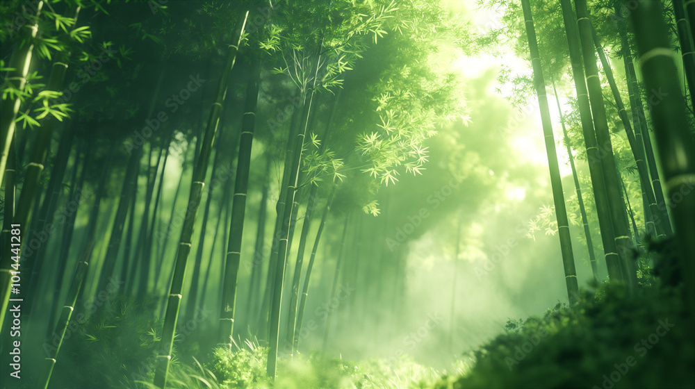 Obraz premium Lush Green Bamboo Forest Under Soft Sunlight With Misty Atmosphere in Early Morning. Generative AI