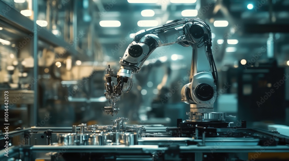 A robotic arm assembling parts in an advanced manufacturing facility, illustrating the impact of robotics on industrial processes A robotic arm assembling parts in an advanced manufacturing facility, illustrating the impact of robotics on industrial processes