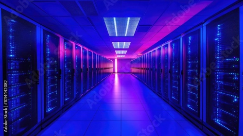 A sleek data center with rows of servers and blinking lights, illustrating the backbone of modern computer and information technology