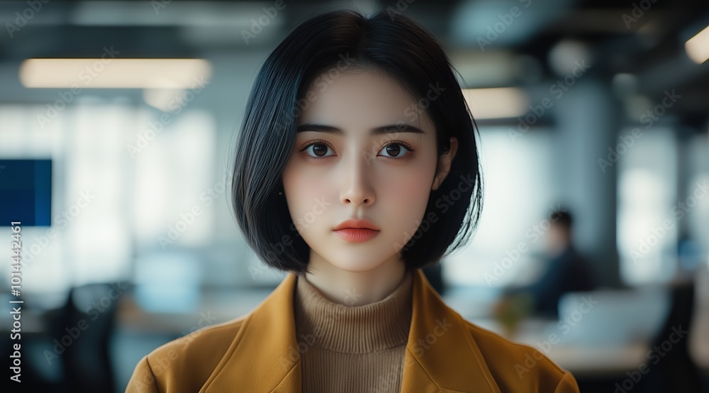 Elegant Chinese Businesswoman in Professional Attire Looking Ahead in Modern Office Setting, Wearing Brown Jacket with Short Side-Parted Hair Elegant Chinese Businesswoman in Professional Attire Looking Ahead in Modern Office Setting, Wearing Brown Jacket with Short Side-Parted Hair