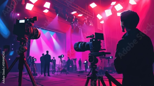 A vibrant entertainment industry scene with spotlights, cameras, and a director overseeing a movie set, capturing the business side of showbiz