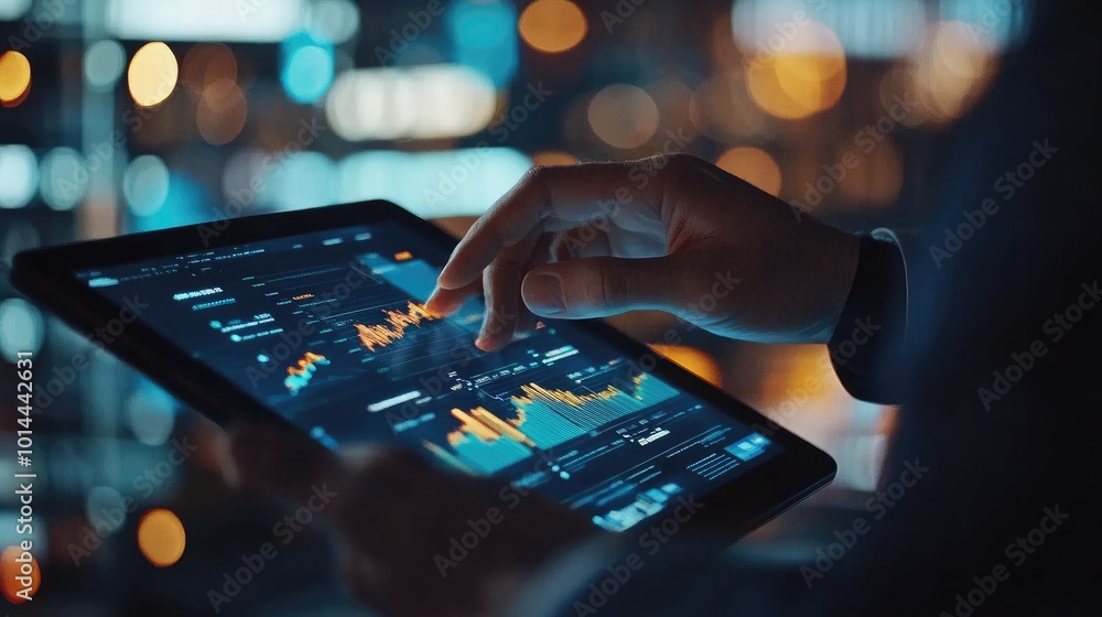 A businessperson analyzing economic trends on a tablet, with financial graphs and tech interfaces in the background, representing modern economics A businessperson analyzing economic trends on a tablet, with financial graphs and tech interfaces in the background, representing modern economics