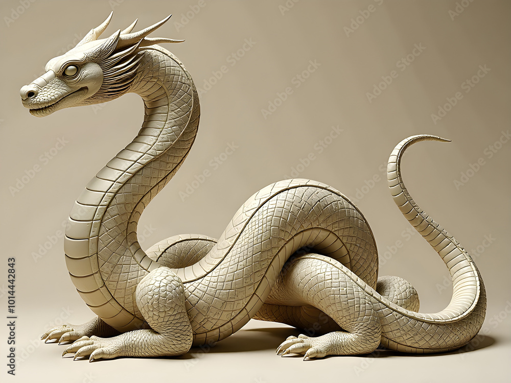 Intricate Sculptural Representation of Serene Beige Dragon with Elegant Scales, Regal Features, and Majestic Crests Capturing the Ethereal Beauty and Fierce Dignity of Mythical Creatures Intricate Sculptural Representation of Serene Beige Dragon with Elegant Scales, Regal Features, and Majestic Crests Capturing the Ethereal Beauty and Fierce Dignity of Mythical Creatures