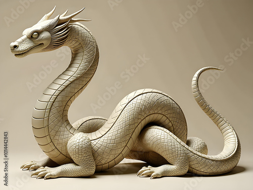 Intricate Sculptural Representation of Serene Beige Dragon with Elegant Scales, Regal Features, and Majestic Crests Capturing the Ethereal Beauty and Fierce Dignity of Mythical Creatures