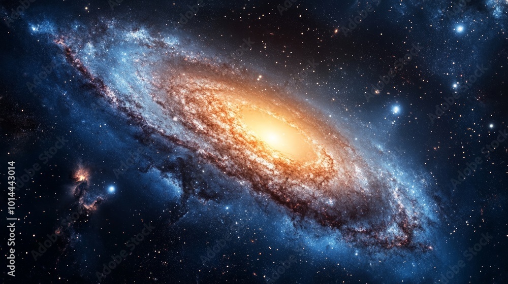 Fototapeta premium Vibrant Spiral Galaxy, a stunning view of a swirling galaxy with glowing core, surrounded by shimmering stars and deep cosmic blues against the vast blackness of space.