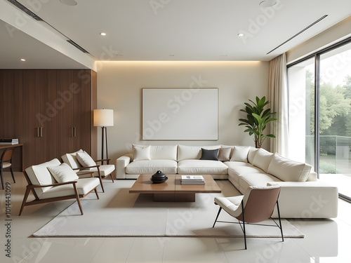 Elegant Modern Living Room Interior Design with Spacious Layout, Tranquil Atmosphere, Contemporary Furniture, Stylish Decor, Natural Light, and Harmonious Color Palette for Home Aesthetic