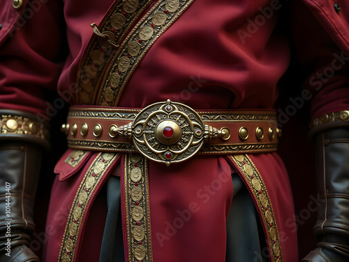 Intricate Close-Up of Ornate Red Ceremonial Robe with Gold Embroidery, Decorative Belt Featuring Gemstone Buckle, and Elegant Leather Gloves Showcasing Historical and Regal Significance photo