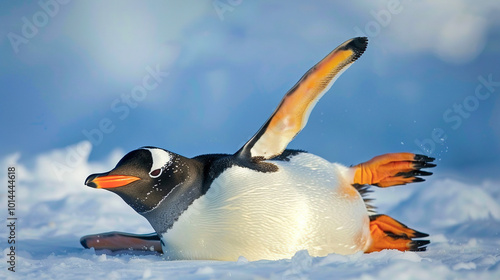 Penguin is sliding on a snow