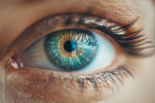 Closeup of womans blue eye with keywords hair, brown, vision care