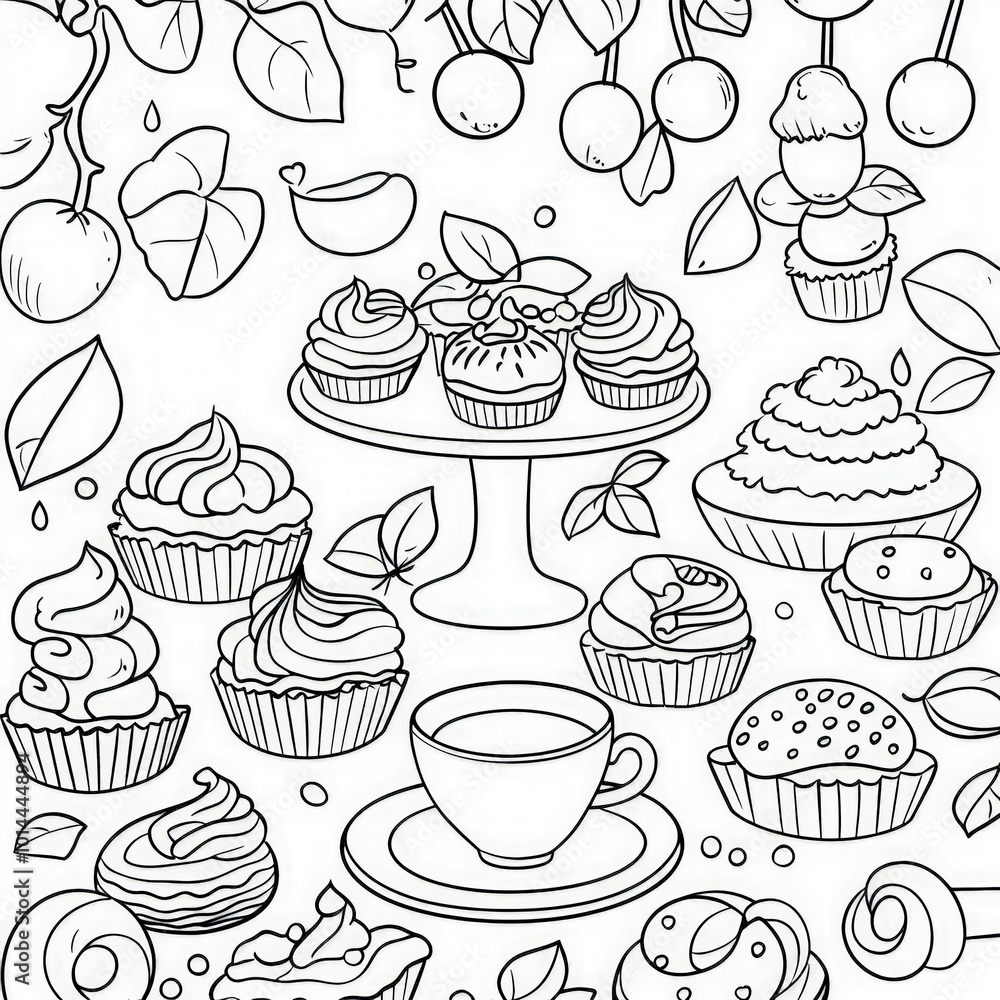 A charming tea party with cupcakes and cookies, coloring page for kids, simple outline illustration. Coloring book, simple lines. A charming tea party with cupcakes and cookies, coloring page for kids, simple outline illustration. Coloring book, simple lines.