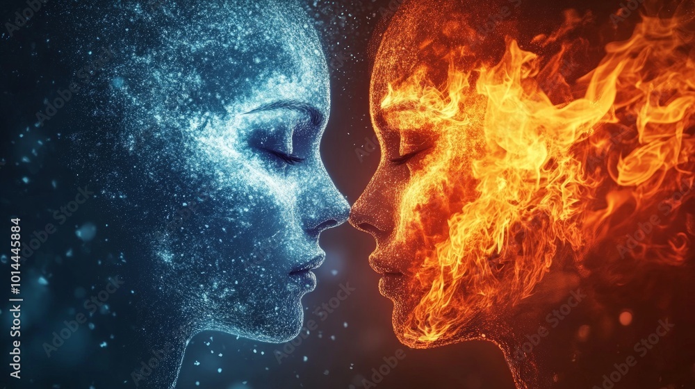 Elemental Balance, an artistic representation of the duality of nature, showcasing faces made of ice and fire, symbolizing contrasting forces coexisting in harmony. Elemental Balance, an artistic representation of the duality of nature, showcasing faces made of ice and fire, symbolizing contrasting forces coexisting in harmony.