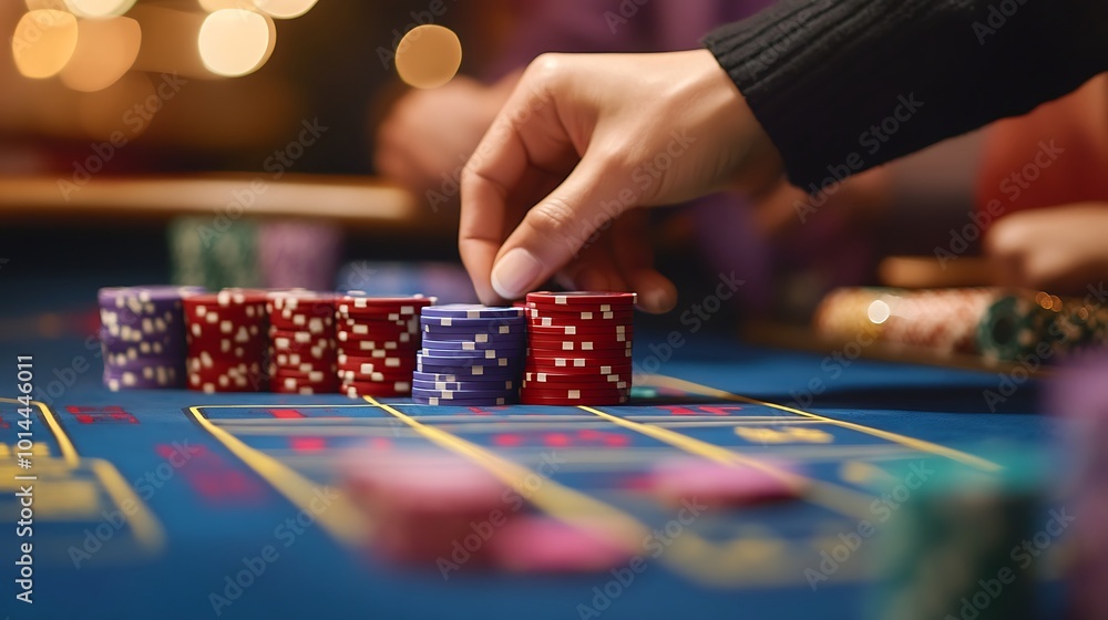 Close-up of a Hand Placing Poker Chips on a Blue Casino Table. Close-up of a Hand Placing Poker Chips on a Blue Casino Table.