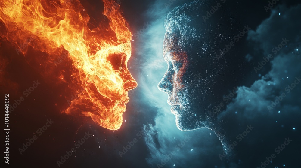 Elemental Duality, a striking representation of fire and ice personified, capturing the contrast between passion and tranquility in a cosmic standoff. Elemental Duality, a striking representation of fire and ice personified, capturing the contrast between passion and tranquility in a cosmic standoff.