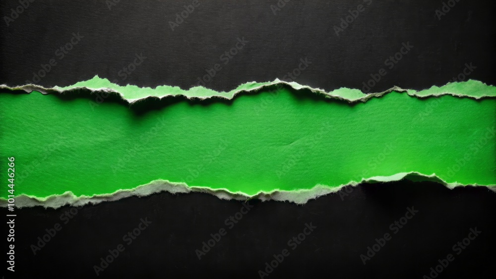 Striking green paper strips with jagged edges set against a black background, ideal for innovative design and artistic Striking green paper strips with jagged edges set against a black background, ideal for innovative design and artistic
