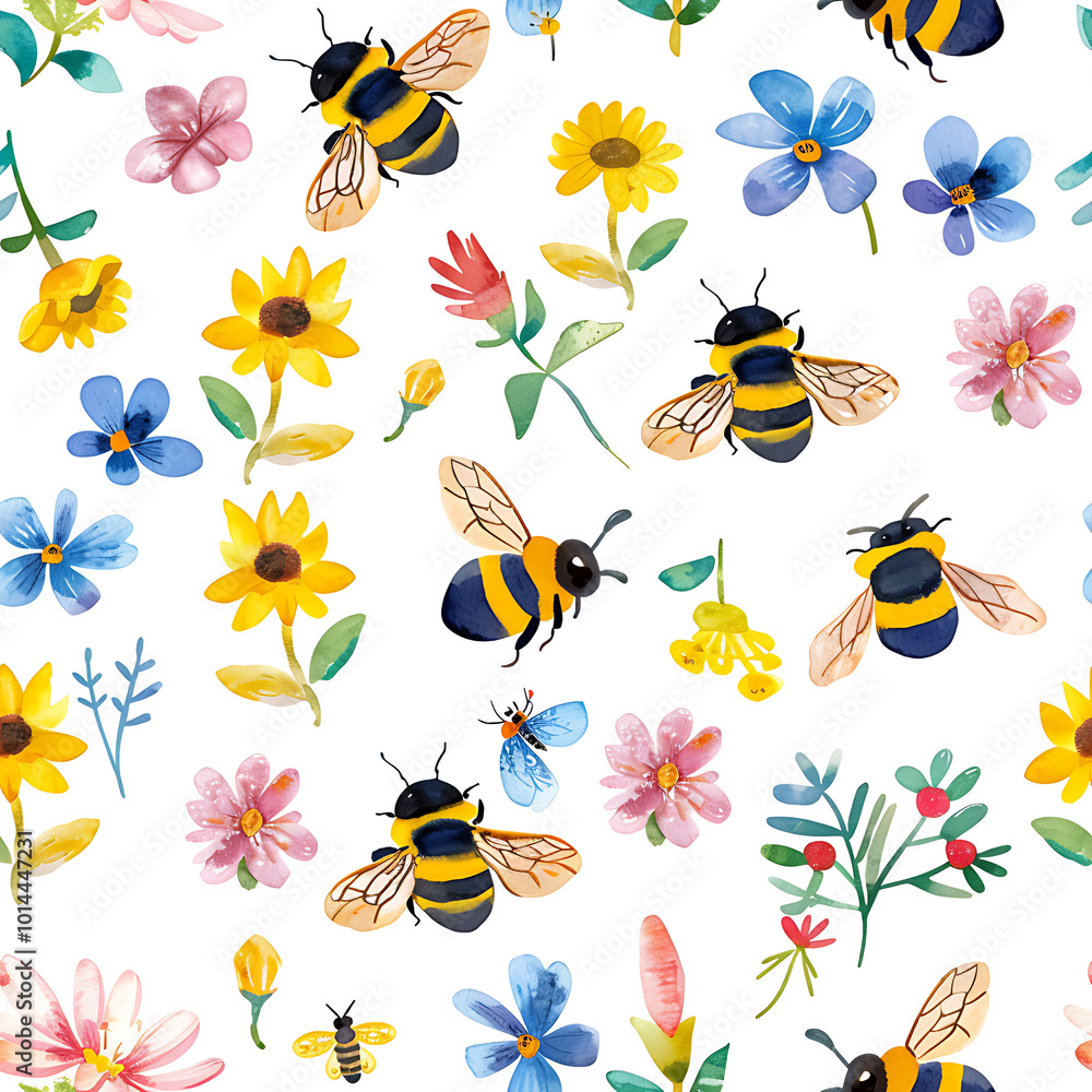 Watercolor Cute Bees and Flower Pattern Watercolor Cute Bees and Flower Pattern