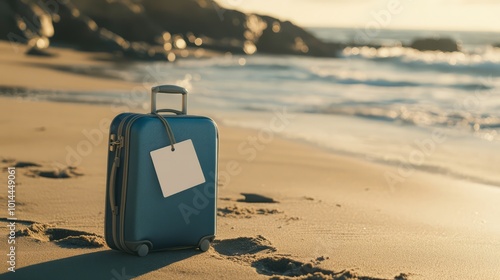 A mockup of a travel suitcase with a blank tag, resting on a sunny beach, great for vacation and travel branding photo