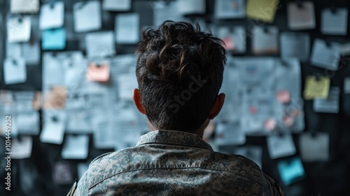 Person in camouflage uniform stands with their back to the camera, engaging with a cluttered bulletin board, representing focus, analysis, and strategic planning. photo