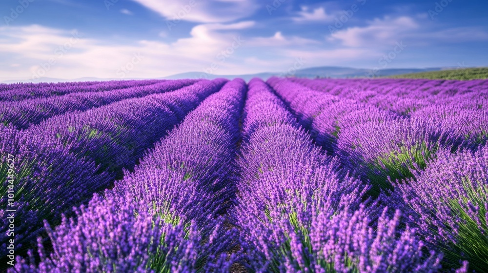 Fototapeta premium Lavender fields under blue sky, tranquil scene. Nature and relaxation concept