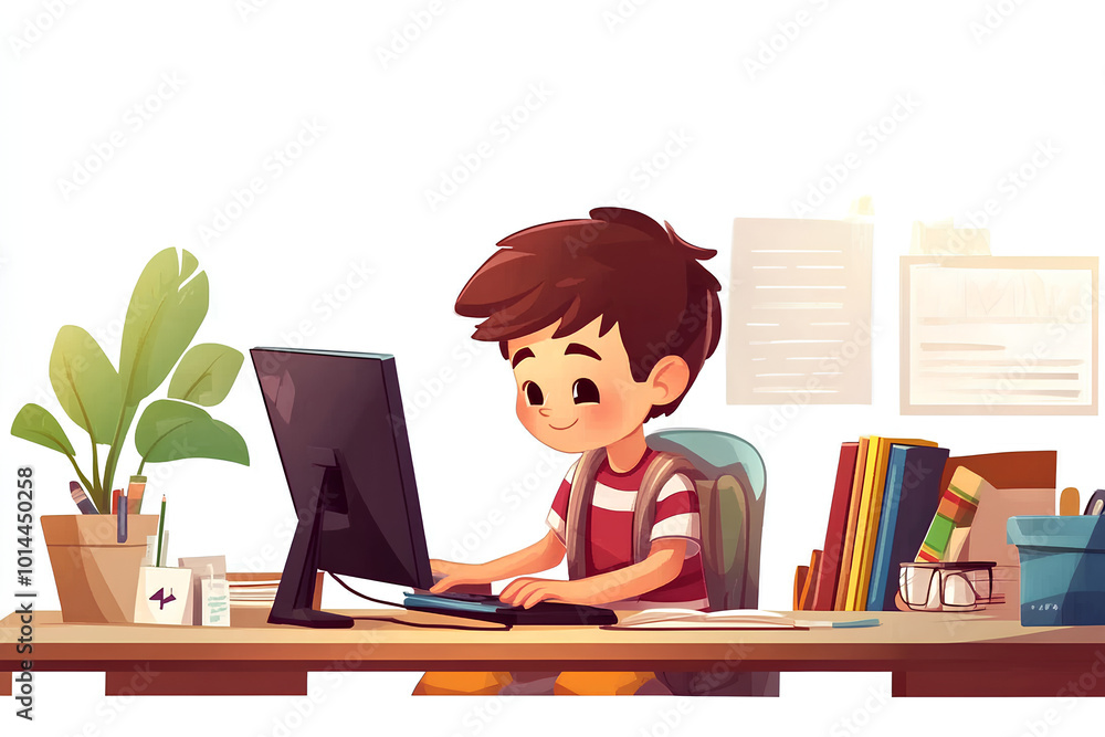 Home Education Concept. A boy learning with computer at home illustration Home Education Concept. A boy learning with computer at home illustration