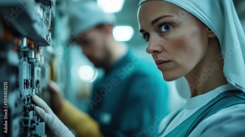 A woman wearing a white headscarf examines high-tech machinery attentively, embodying concentration, and expertise within a bright industrial setting. photo