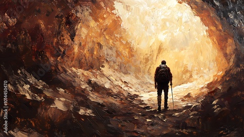 A lone hiker emerges from a dark cave into a bright light.