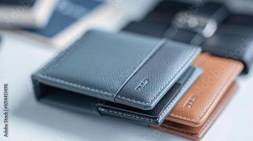 A set of leather wallets in various colors, arranged neatly, showcasing their premium design and texture.