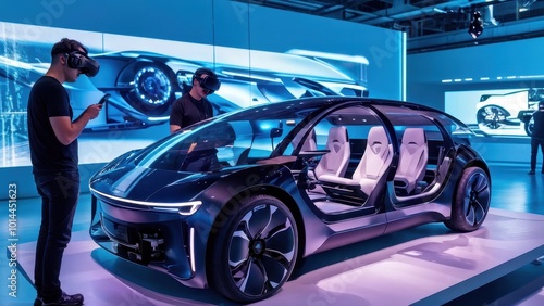 Futuristic car model showcased with virtual reality technology in a modern exhibition space.