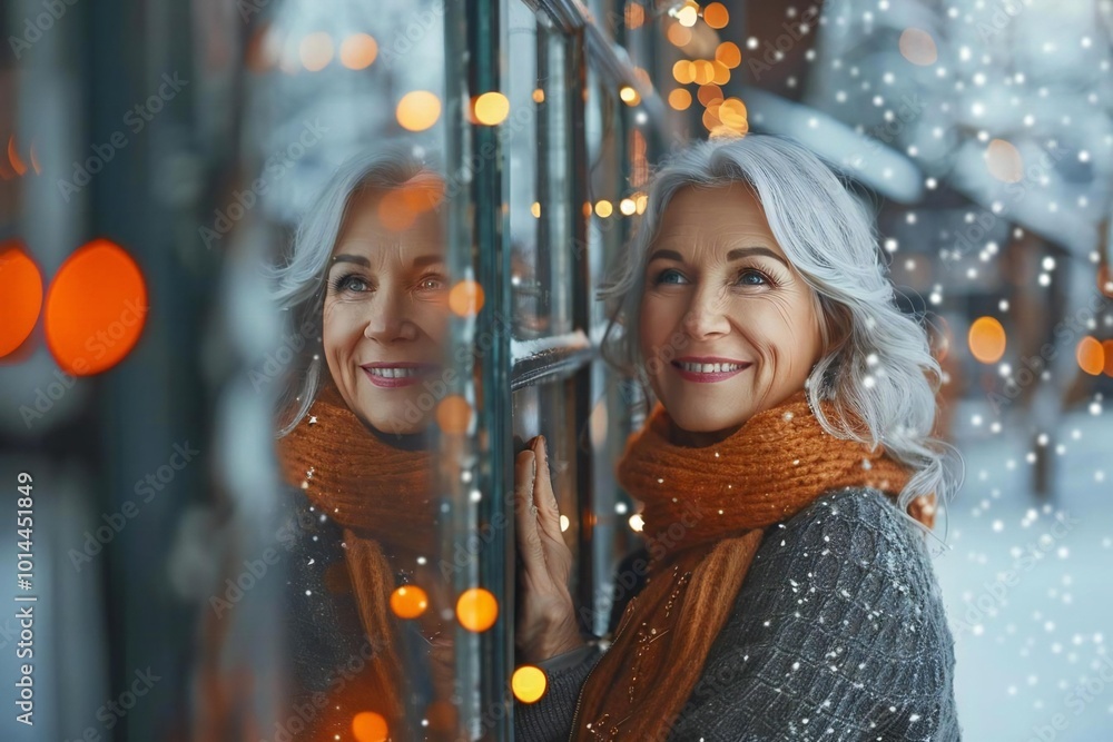 Elderly Caucasian woman happily gazing at her reflection in the mirror at home Elderly Caucasian woman happily gazing at her reflection in the mirror at home