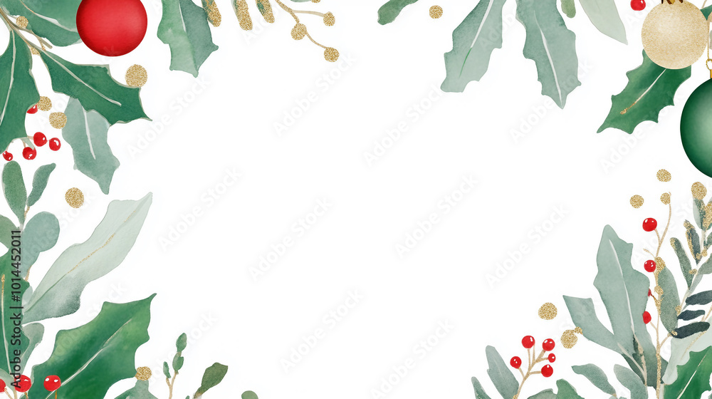 Fototapeta premium Festive Christmas Decorations with Red and Gold Ornaments on Green Background
