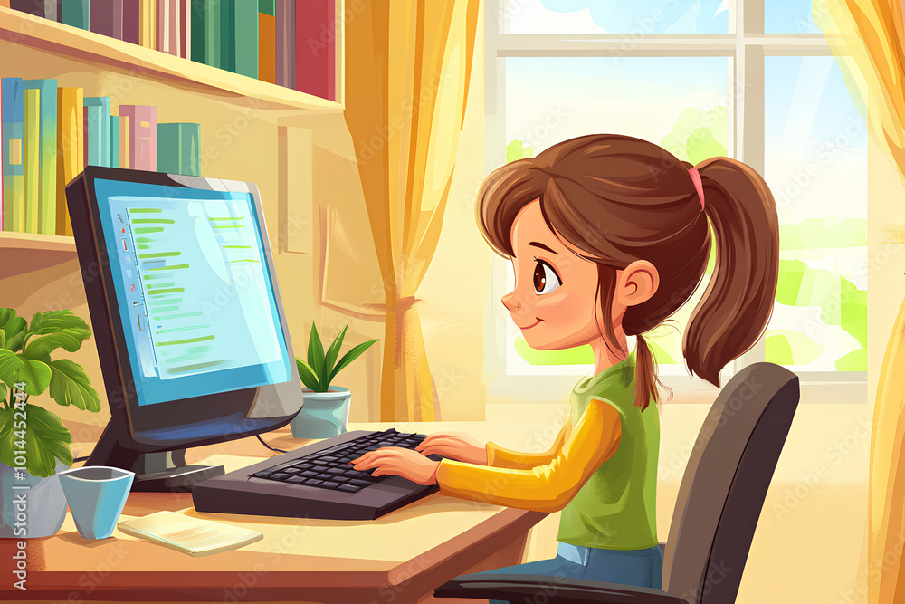 Home Education Concept. A girl learning with computer at home illustration Home Education Concept. A girl learning with computer at home illustration