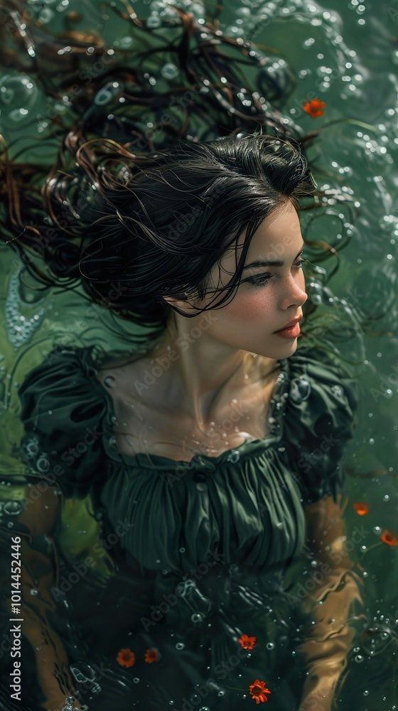 Dreamy Underwater Portrait of a Woman in a Green Dress Dreamy Underwater Portrait of a Woman in a Green Dress