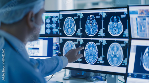 A doctor examining brain scans on multiple monitors, representing medical analysis and neurological study.